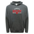 The Nations of Rugby Canada Wordmark 60/40 Pullover Hoodie by WRS Augusta is a grey hoodie featuring a bold "Rugby Canada" text and a red maple leaf logo on the front. It comes with a drawstring hood and a front kangaroo pocket.