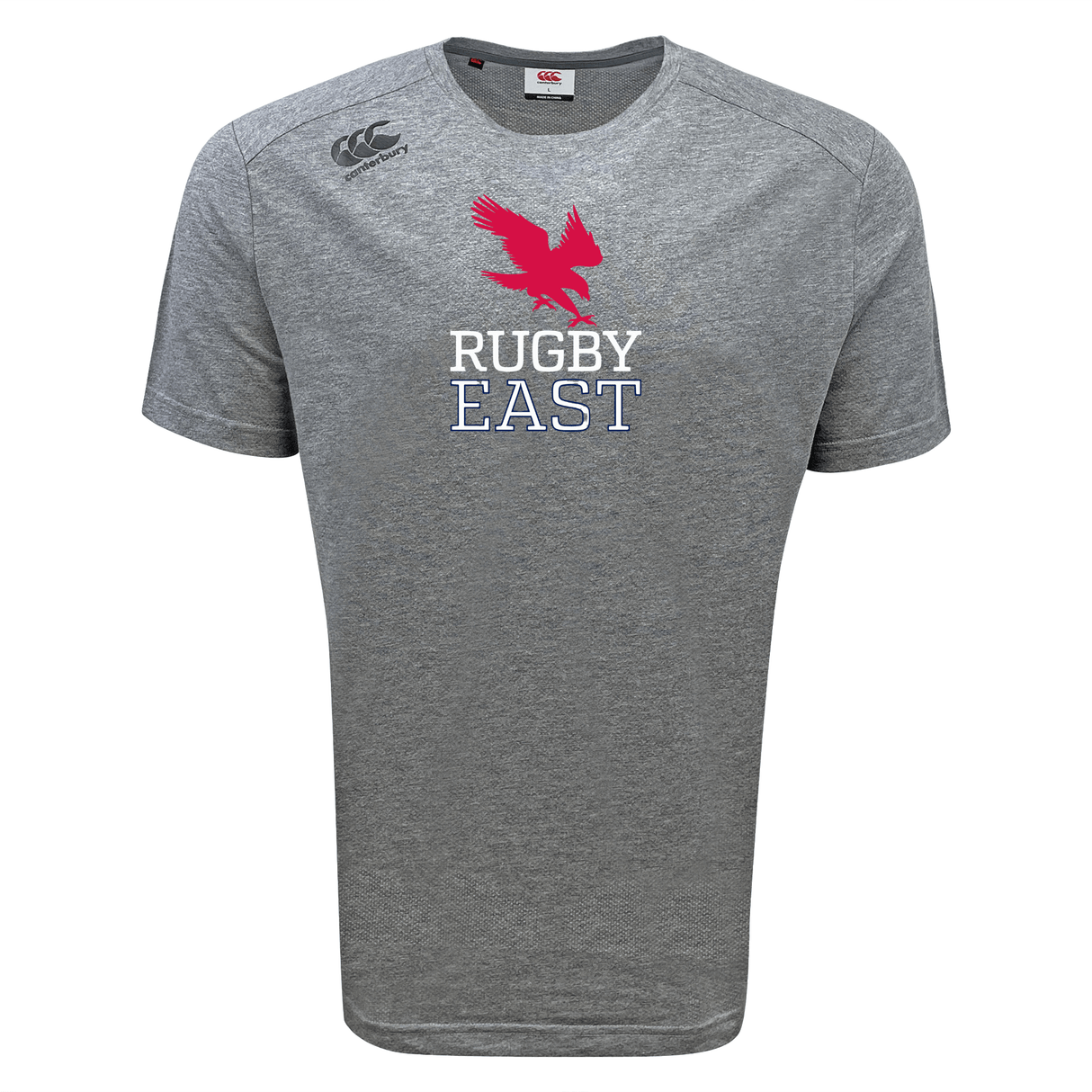 Gray t-shirt by WRS Canterbury, known as the Rugby East Conference Tempo Vapodri T-Shirt, showcasing "Rugby East" and a red eagle graphic on the front, designed with advanced VapoDri technology for superior moisture-wicking comfort.