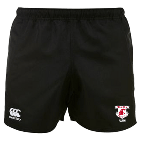 a Washington State Rugby Alumni Canterbury Professional Polyester Pocketed Rugby Shorts with a red and white logo.