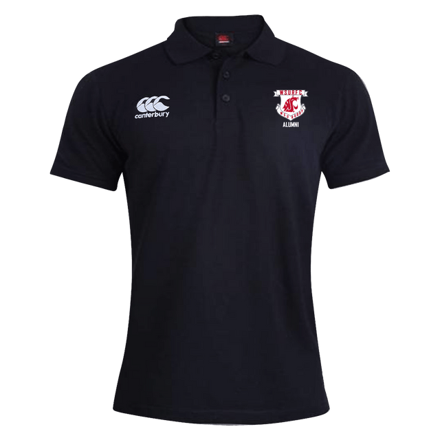 a Washington State Rugby Alumni Canterbury Waimak Rugby Polo shirt with a red and white WRS Canterbury logo.