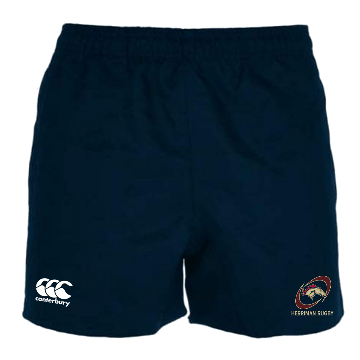 A navy Herriman High School Canterbury Professional Polyester Pocketed Rugby Short with the WRS Canterbury logo on it.