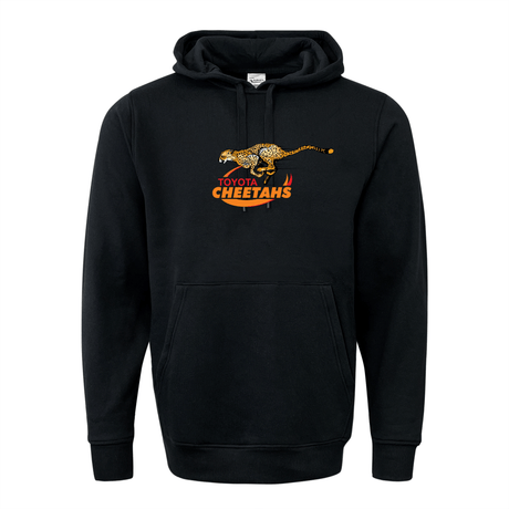 This fan hooded sweatshirt, the Cheetahs 60/40 Pullover Hoodie from WRS Augusta, is a black fleece hoodie featuring the iconic Toyota Cheetahs logo with a running cheetah above the text, making it perfect for South Africa rugby enthusiasts.