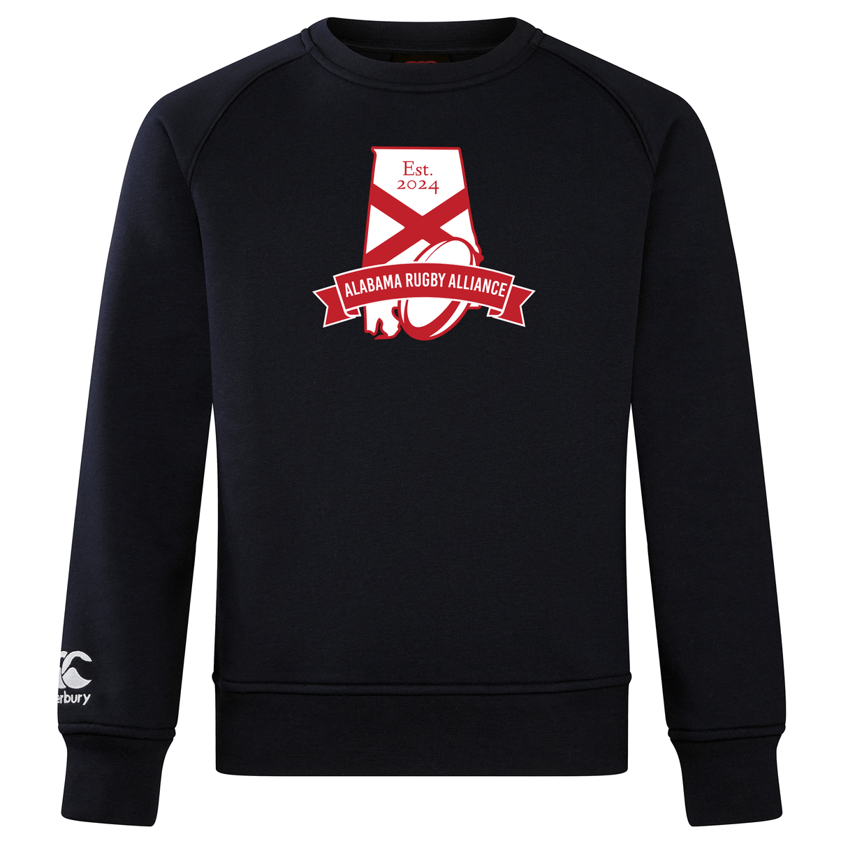 The Alabama Rugby Alliance Club Crew Sweatshirt by WRS Canterbury is a super-soft black sweatshirt that showcases "Alabama Rugby Alliance" and "Est. 2024" in red and white on the front, along with an embroidered CCC logo, perfectly blending comfort with style.