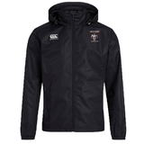 Black Onslow Rugby Misfits Club Vaposhield Full Zip Rain Jacket by EMB Canterbury with a hood, featuring the southeastern university athletics logo on the chest and water-resistant VapoShield technology.