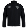 Black Chicago Valkyries club track jacket with a zip front, featuring a logo on the right chest and a team emblem on the left by EMB Canterbury.