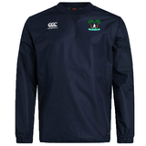 Navy blue long-sleeve Twin Island Rugby Club Vaposhield contact top by EMB Canterbury with a Canterbury logo on the right chest and a green emblem on the left chest, made from water repellent fabric.