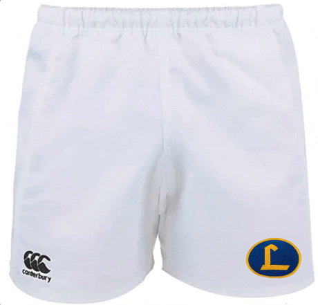 The Loyola Blakefield Advantage Rugby Shorts by EMB Canterbury are white with a blue and yellow logo on the right leg, crafted with moisture-wicking fabric for comfort.