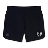 The DePaul University Elite Woven Shorts by EMB Canterbury feature lightweight black material with a small white stylized animal head logo on the lower right side and another logo on the lower left side. Offering both comfort and style, these shorts are perfect for any activity and embody premium branding for a stylish yet functional look.