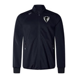 The DePaul University Elite Windstopper Jacket by Canterbury is a black softshell jacket with a standing collar and two side pockets, featuring a white emblem on the left chest and a white logo on the right shoulder, designed for wind and cold protection.