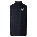 A black, sleeveless vest featuring a white embroidered bull logo on the upper left chest area. The DePaul University Elite Microlite Gilet by EMB Canterbury has a full-length front zipper and horizontal stitching, with insulated baffles for extra warmth.