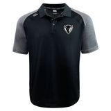 A black and gray short-sleeve DePaul University Elite Polo by EMB Canterbury, crafted from lightweight and durable Vapodri fabrics, featuring a standing antlered animal logo on the left chest and a Canterbury logo on the right shoulder.