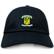 Black Blackthorn RFC Adult Low-Profile Cotton Twill Dad Cap with the "Blackthorn football rugby club" logo featuring crossed rugby hammers in green and yellow on the front. (EMB Alpha Broder)