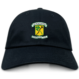 Black Blackthorn RFC Adult Low-Profile Cotton Twill Dad Cap with the "Blackthorn football rugby club" logo featuring crossed rugby hammers in green and yellow on the front. (EMB Alpha Broder)