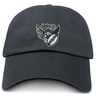 A dark gray Chicago Valkyries Adult Low-Profile Cotton Twill Dad Cap with a green and white "ottoman" logo featuring stylized wings and teeth embroidered on the front.