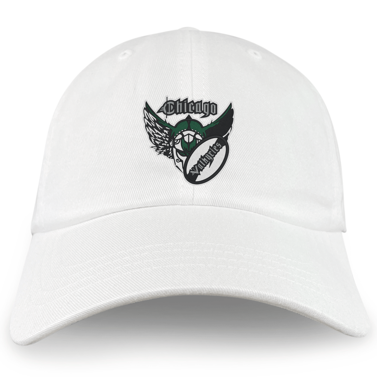 White Chicago Valkyries Adult Low-Profile Cotton Twill Dad Cap with a green and black "chicago" logo featuring a stylized winged creature on the front by EMB Alpha Broder.