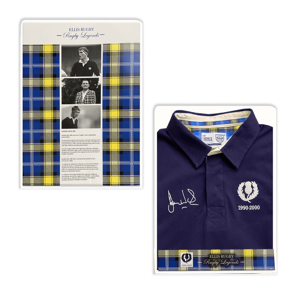 An Ellis Rugby Doddie Weir Polo shirt with a signature on it.