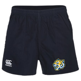 Dark blue athletic shorts with an elastic waistband, featuring the Noble Street College Prep Player's Drill Short logo and a tiger head emblem on the left leg by EMB Canterbury.