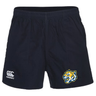 Dark blue athletic shorts with an elastic waistband, featuring the Noble Street College Prep Player's Drill Short logo and a tiger head emblem on the left leg by EMB Canterbury.