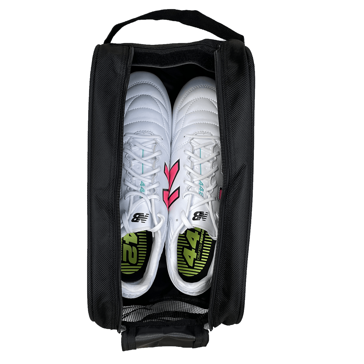 A Hurricanes Super Rugby Zipper Boot Bag by DryWorld in black is open, revealing white athletic shoes with green and pink accents inside, perfect for a Hurricanes Super Rugby fan.