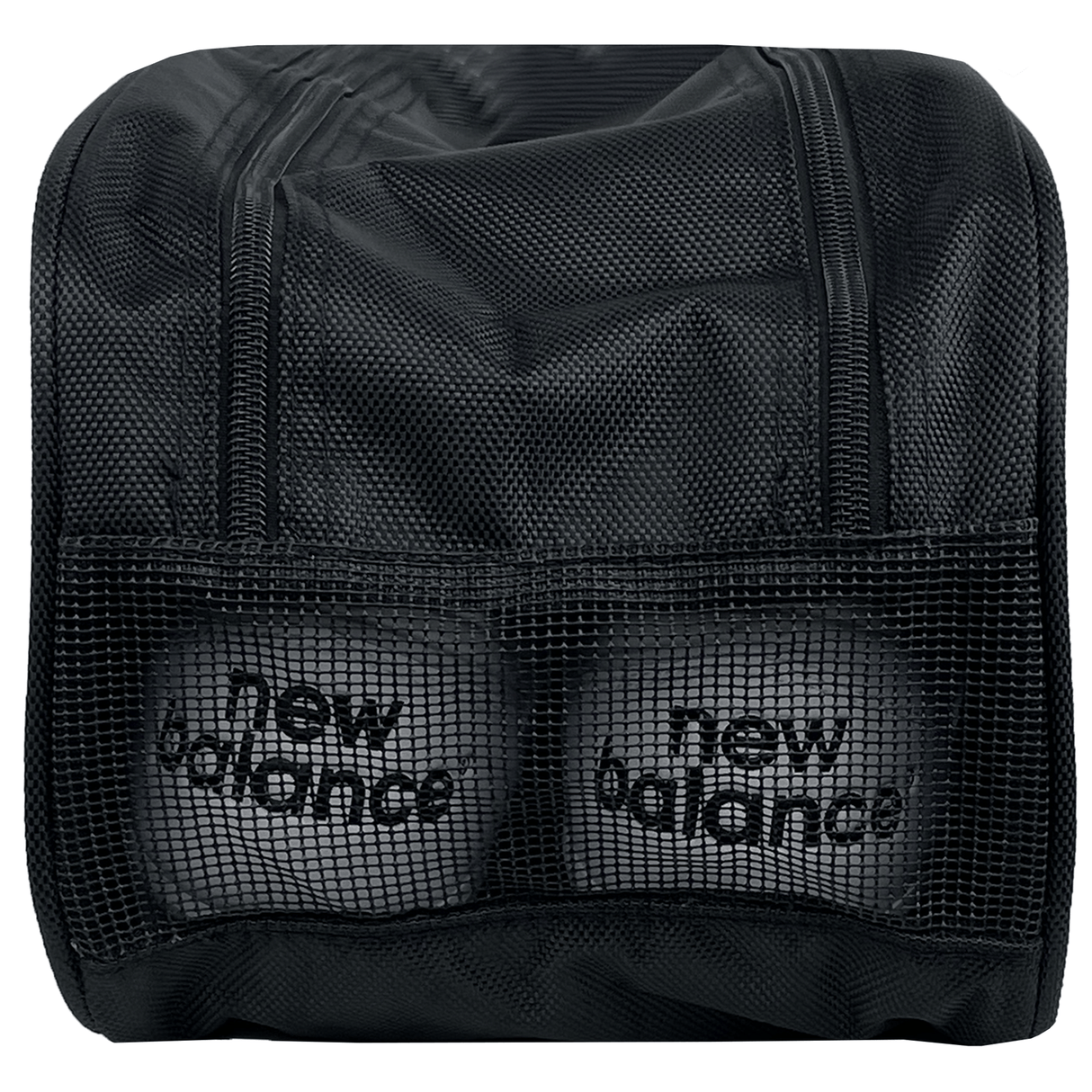 A black mesh Hurricanes Super Rugby zippered boot bag by DryWorld containing two cricket balls labeled with "new balance," perfect for fans of the team.