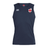 Just In: Navy blue sports tank top with a white and red cross emblem on the left chest, resembling the England Shield Club, and the EMB Canterbury brand logo in white on the right chest. Introducing the England Shield Club Dry Singlet by EMB Canterbury.