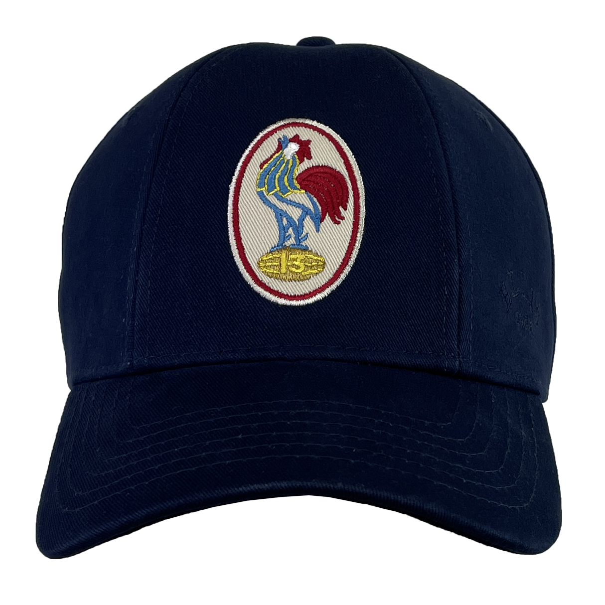 The France Rugby League 1951 Cap by Ellis Rugby is a navy blue baseball cap adorned with a vibrant embroidered rooster emblem on the front, paying homage to the spirit of France Rugby League and legendary players such as Puig Aubert.