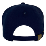 Rear perspective of the France Rugby League 1951 Cap by Ellis Rugby, showcased in navy blue and influenced by legendary figures from the France Rugby League, with an adjustable strap and brass buckle.