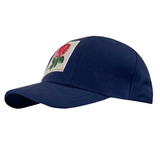 Introducing the England Rugby 1991 Six Nations Cap by Ellis Rugby in navy blue. This cap showcases a red rose patch on the front and features subtle embroidered text on the side, all crafted from organic cotton to honor the iconic 1991 Six Nations tournament.