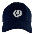 A vintage navy cap from the Ellis Rugby collection, featuring a white embroidered thistle emblem, reminiscent of the classic Scotland Rugby 1990 Vintage Cap.