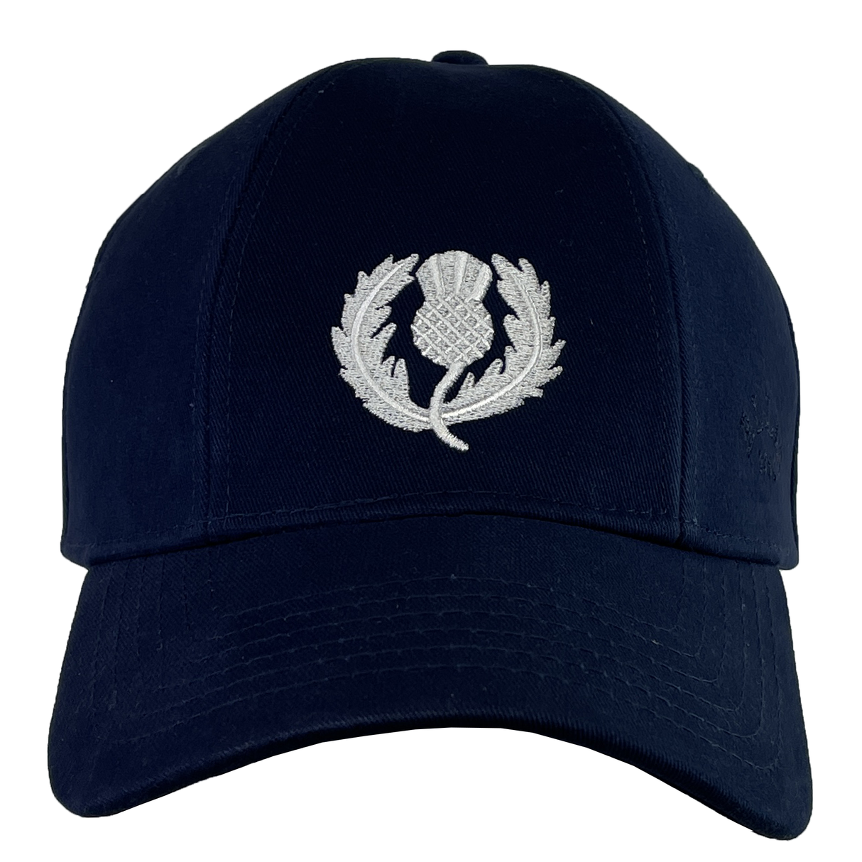 A vintage navy cap from the Ellis Rugby collection, featuring a white embroidered thistle emblem, reminiscent of the classic Scotland Rugby 1990 Vintage Cap.