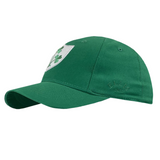 The Ireland Rugby 1948 Retro Cap by Ellis Rugby, made from organic cotton, showcases a green baseball cap with a white shield and green clover design on the front, along with "Ellis" embroidered on the side.