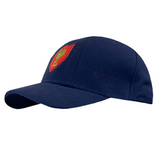 The France Rugby 1968 Grand Slam Cap by Ellis Rugby is a navy blue baseball cap showcasing a red shield emblem with a green flame design on the front, commemorating the iconic 1968 Grand Slam.