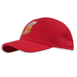 Wales Rugby 1976 Triple Crown Cap by Ellis Rugby, a vibrant red baseball cap featuring a colorful crest on the front and "Ellis" embossed on the side, celebrates Welsh rugby history and embodies the spirit of their 1976 Triple Crown victory.