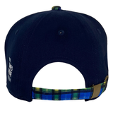 Back view of the Doddie Weir Scotland Cap by Ellis Rugby in navy blue, featuring a tartan strap and a metal buckle, embodying the distinctive style of Ellis Rugby.