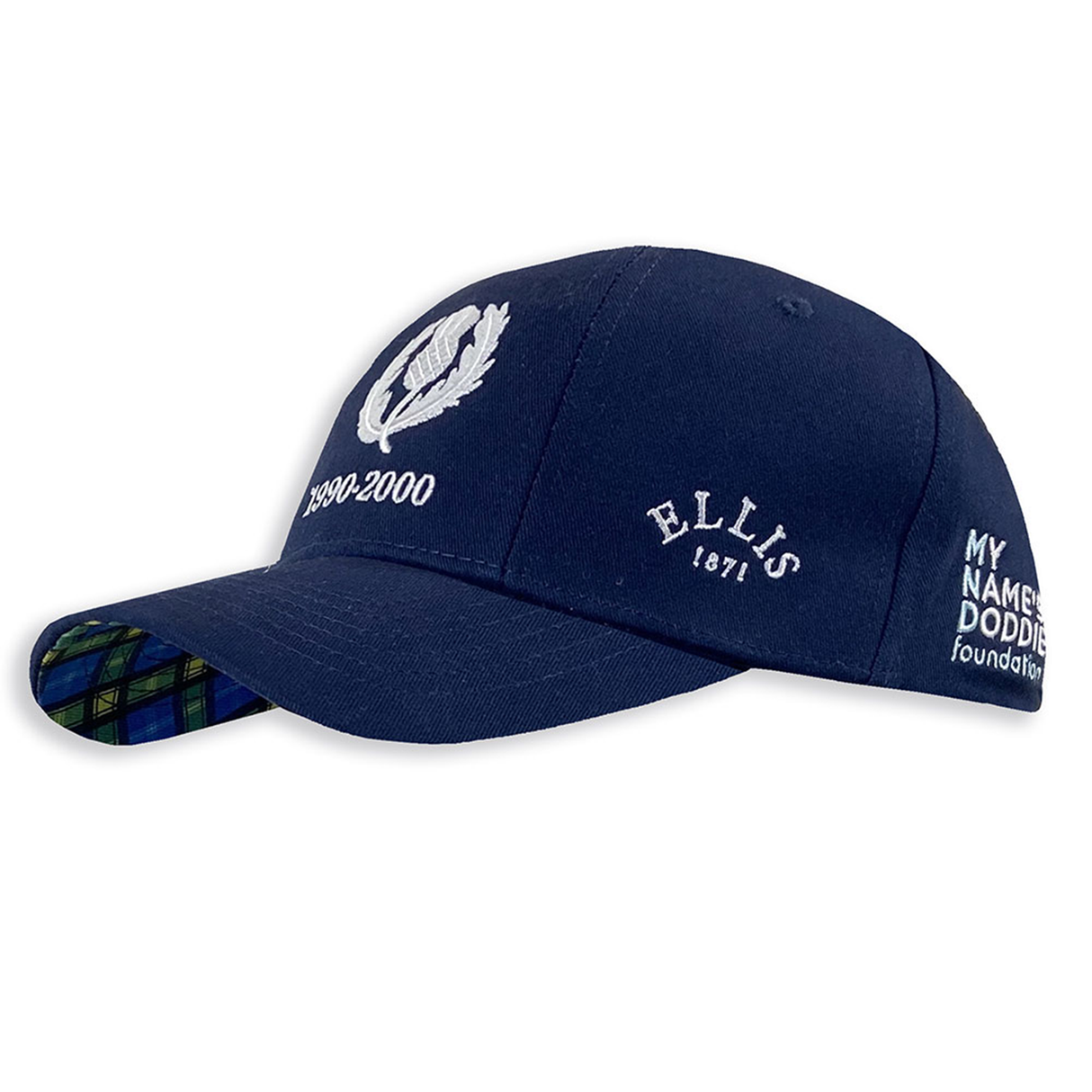 The Doddie Weir Scotland Cap by Ellis Rugby is a blue baseball-style cap featuring white "Ellis Rugby" embroidery alongside "1990-2000." Underneath the brim, a colorful pattern is revealed, adding a touch of flair.