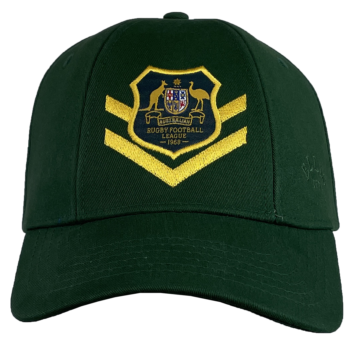 Ellis Rugby presents the Australia 1968 Rugby League Cap, a dark green cap made from organic cotton, adorned with a yellow and gold Rugby Football League emblem on the front.