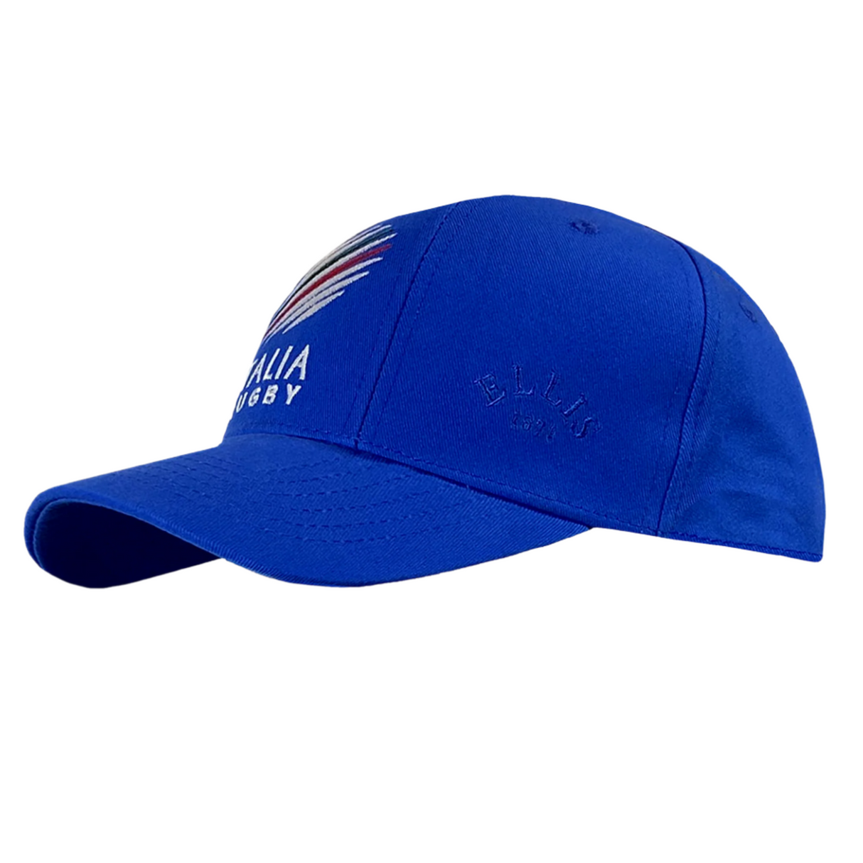 A blue baseball cap from Ellis Rugby, crafted from organic cotton and adorned with the "Italia Rugby" text and a stylized tricolor flag design on the front. The side includes embroidered "Ellis" branding along with the words "Italy Rugby 1988 Cap," adding a touch of heritage.