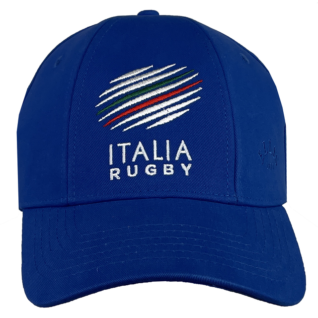 The Italy Rugby 1988 Cap by Ellis Rugby, crafted from organic cotton, showcases a blue baseball cap design with "Italia Rugby" and a stylized logo embroidered on the front. This cap seamlessly blends style and heritage while celebrating the spirit of Italian rugby.