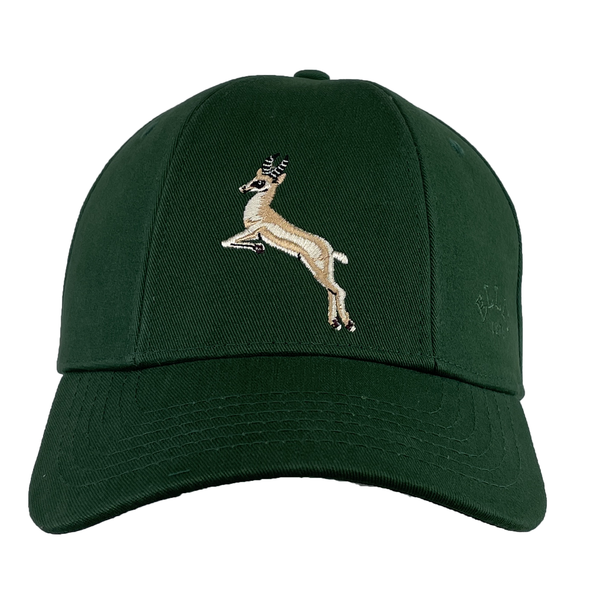 The Springboks Rugby 1937 Cap by Ellis Rugby is a dark green baseball cap featuring an embroidered jumping deer design on the front, celebrating the historic 1937 tour.