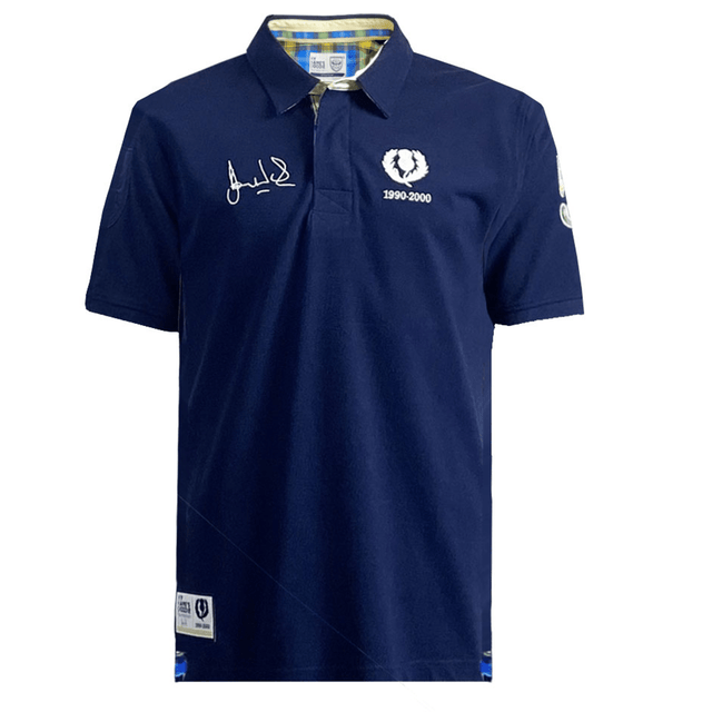 An Ellis Rugby blue Doddie Weir Polo shirt with a logo on it.