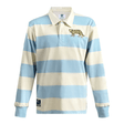 The Ellis Rugby Argentina Classic Rugby Shirt 1985, by Ellis Rugby, is a long-sleeve polo shirt with horizontal light blue and cream stripes. It is made from 100% cotton and features an embroidered leopard on the left chest.