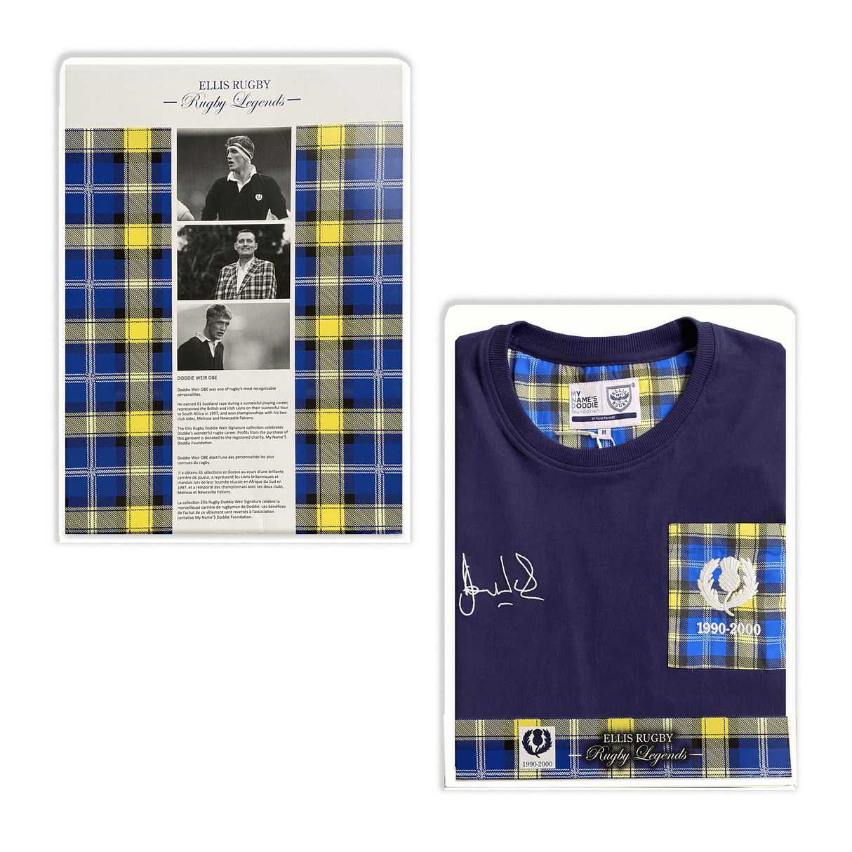 A blue and yellow Doddie Weir t - shirt with a picture of Ellis Rugby.