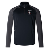 Black Onslow Rugby Misfits Elite 1/4 Zip Top with grey side panels and a logo of a cartoon skull and crossbones with "Bremen Rugby Misfits" text on the left chest, designed for performance by EMB Canterbury