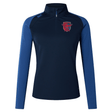 Navy blue quarter-zip sports pullover with royal blue sleeves, featuring a moisture-wicking red crest logo on the left chest, like the Charlotte Cardinals Rugby Club Women's Elite First Layer by EMB Canterbury.