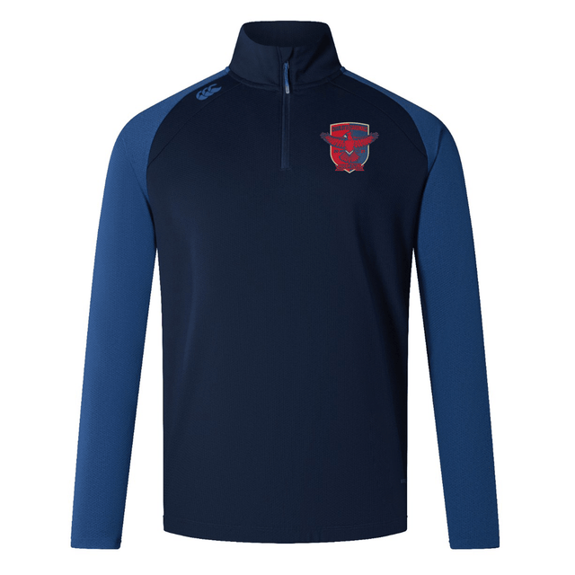 Navy blue and blue quarter-zip athletic pullover with a red and blue crest on the left chest, designed as rugby training attire from EMB Canterbury featuring the Charlotte Cardinals Rugby Club Elite First Layer.