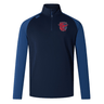 Navy blue and blue quarter-zip athletic pullover with a red and blue crest on the left chest, designed as rugby training attire from EMB Canterbury featuring the Charlotte Cardinals Rugby Club Elite First Layer.