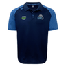 A lightweight durable NC All Stars Elite Polo by Canterbury in navy blue and light blue, featuring the "World Rugby Shop" and "Rugby All Stars" logos on the chest. Made with Vapodri fabrics for maximum comfort, it also sports the iconic EMB Canterbury logo.