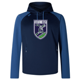 Navy blue WRS Canterbury Seattle Rugby Club Elite Training Hoody with a Seattle rugby logo on the chest, featuring a hood and zip pockets, made from premium fabrics, displayed on a white background.