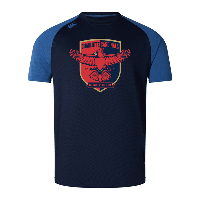 Navy blue and blue sports training tee with the Charlotte Cardinals Rugby Club emblem, featuring WRS Canterbury Elite Vapodri fabrics.