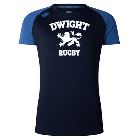 Navy blue rugby shirt with blue sleeves, featuring the text "DWIGHT RUGBY" and a graphic of a lion in the center. This Dwight Rugby White Logo Women's Elite Training Tee by Canterbury combines style and performance effortlessly.